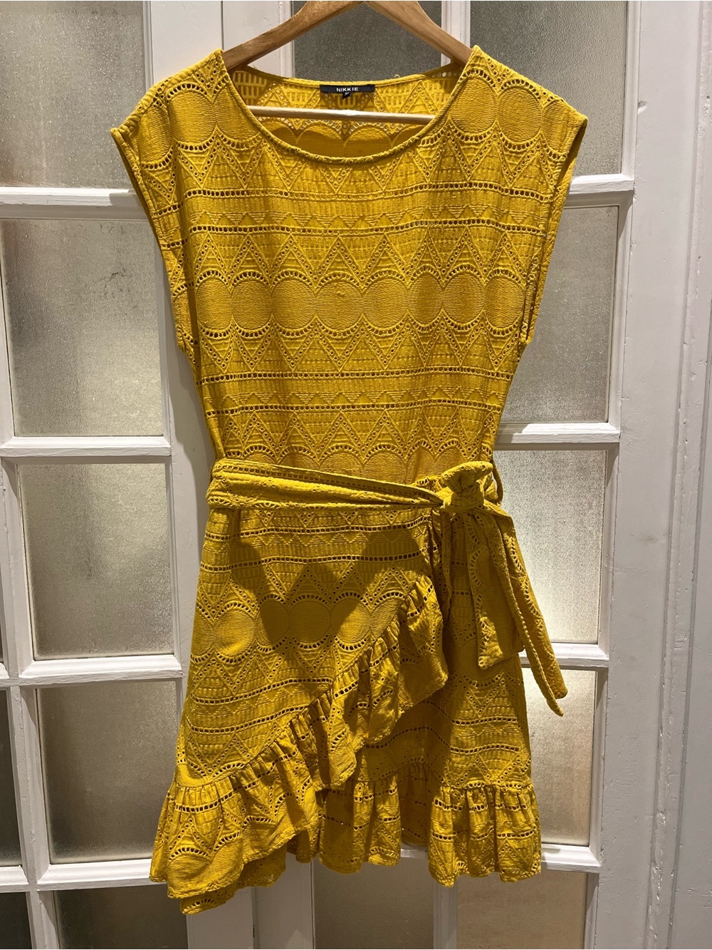 Nikkie Mustard Lace-Pattern Tie-Waist Mini Dress